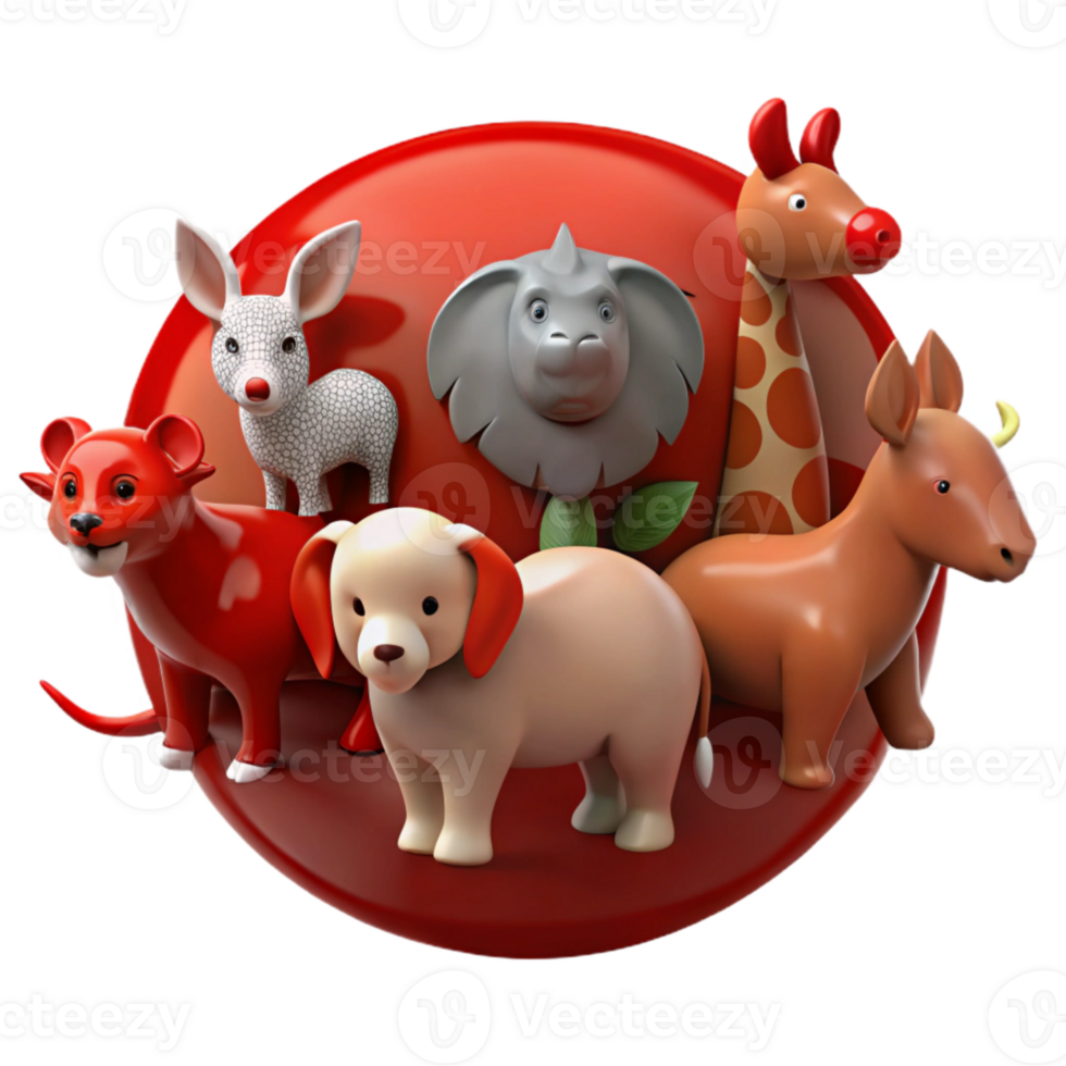 Cute Cartoon Animals on a Red Circle png