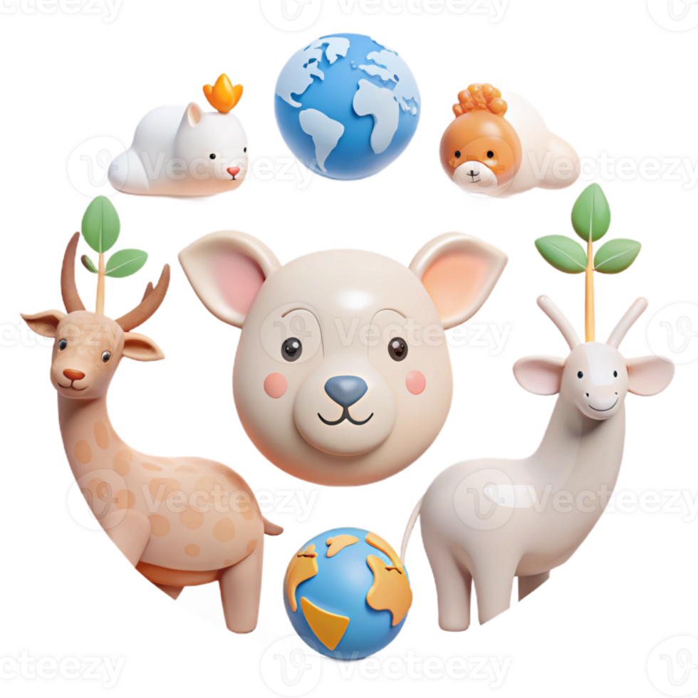 Cute Animals and Earth Globes 3D Render png