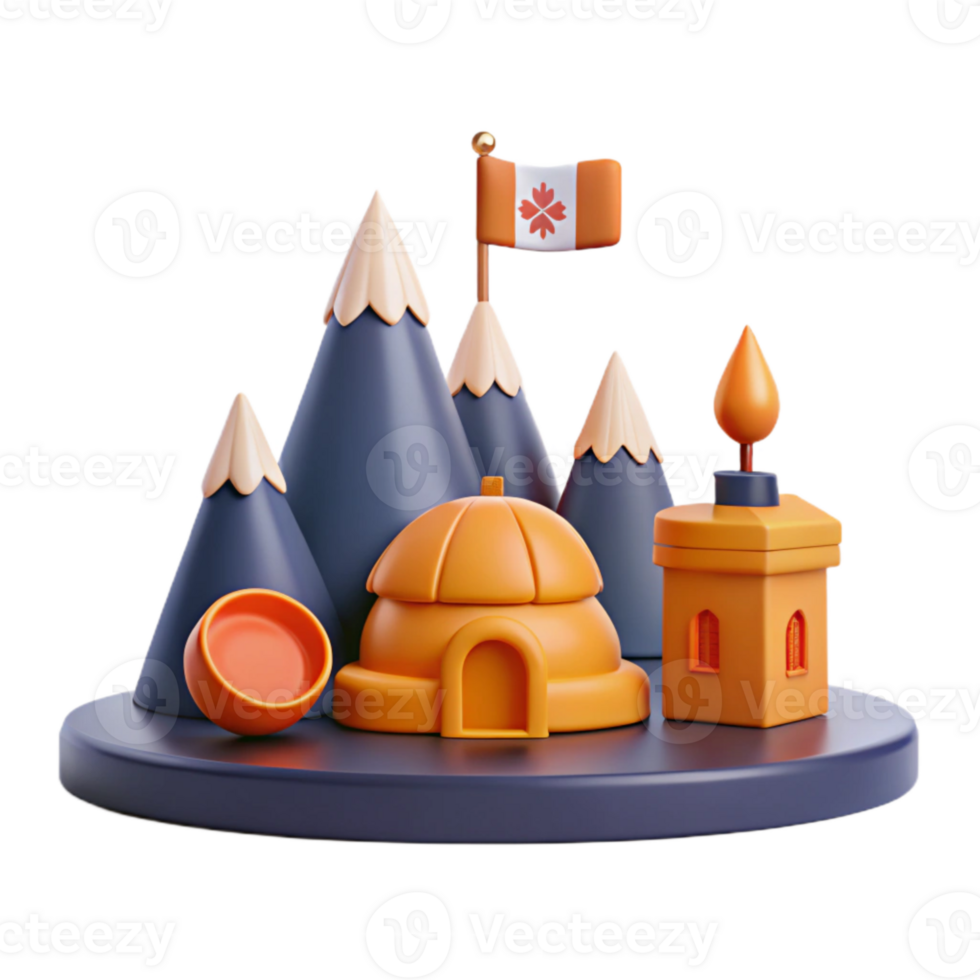 3D Mountain Scene with Igloo and Tower png