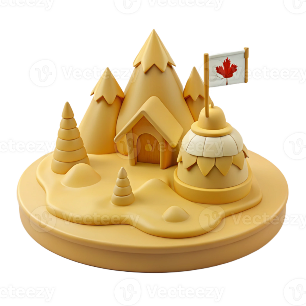 3D Render of a Winter Village Scene with a Canadian Flag png