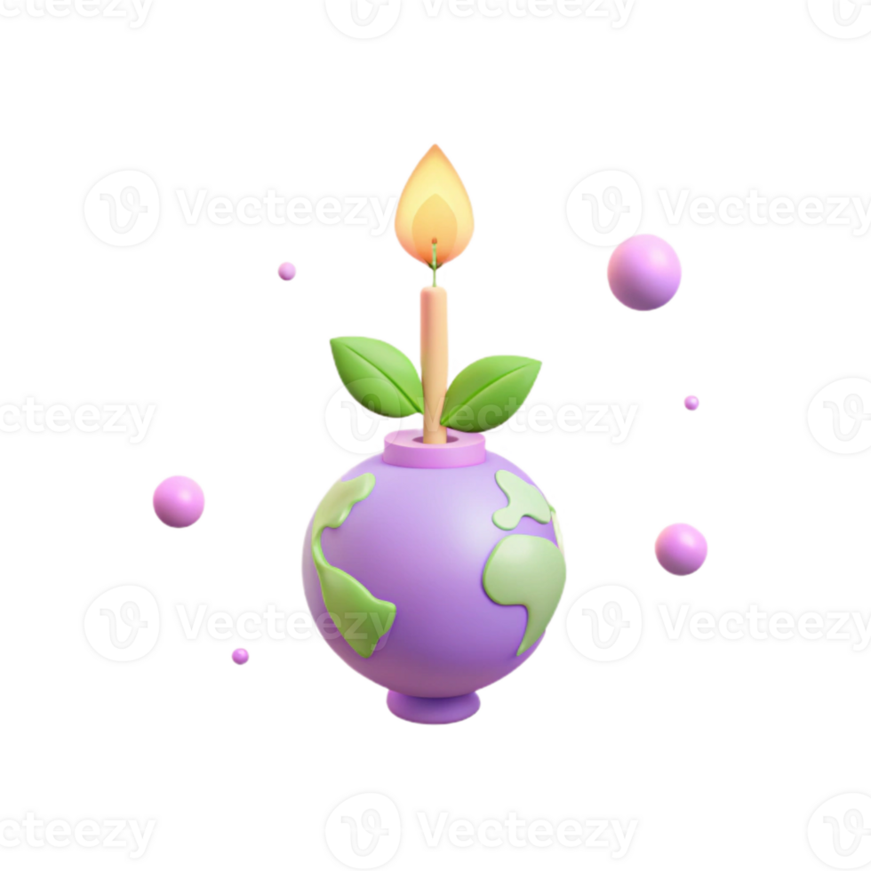 3D Earth Globe with Burning Candle and Leaves png