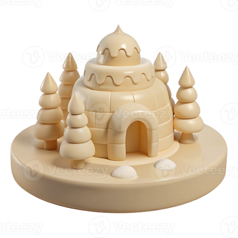 Cute 3D Igloo with Snowy Landscape and Pine Trees png
