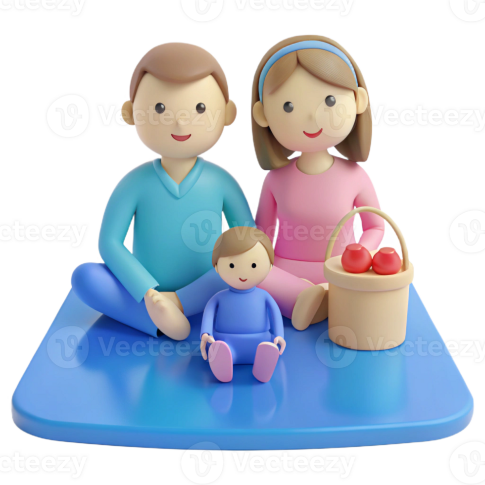 3D Cartoon Family Sitting Together on a Blue Blanket png