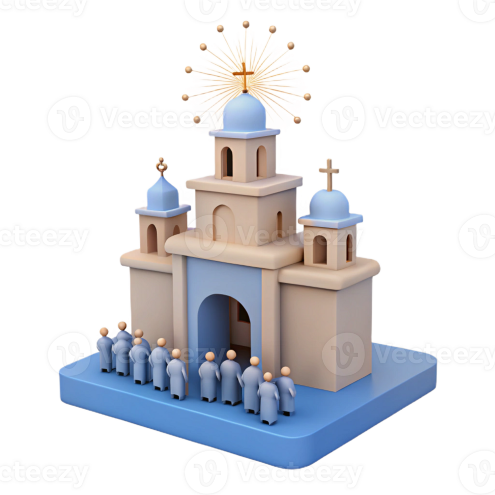 3D Render of Church with People and Fireworks png