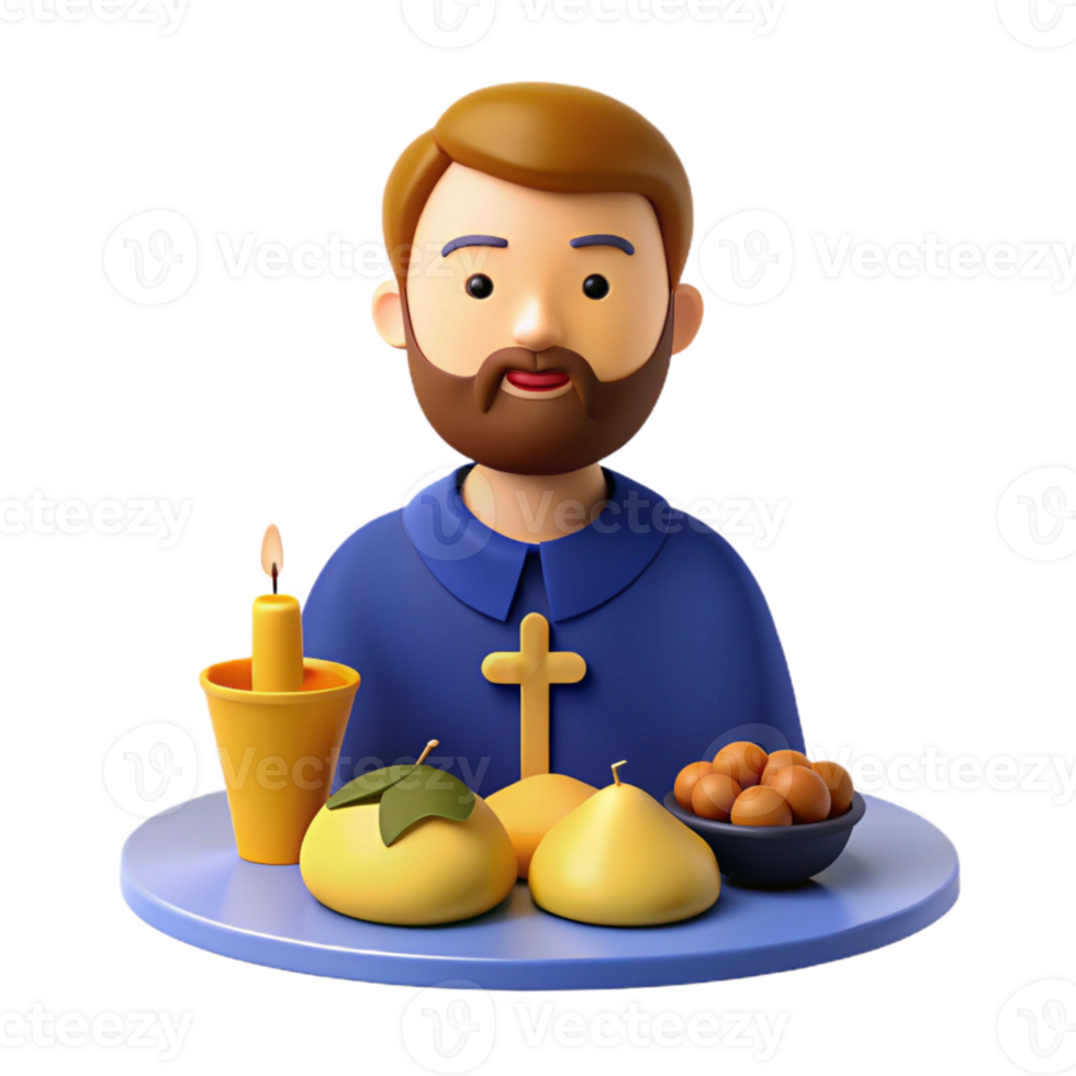 3D Illustration of a Religious Figure with a Cross, Candle, and Fruit png