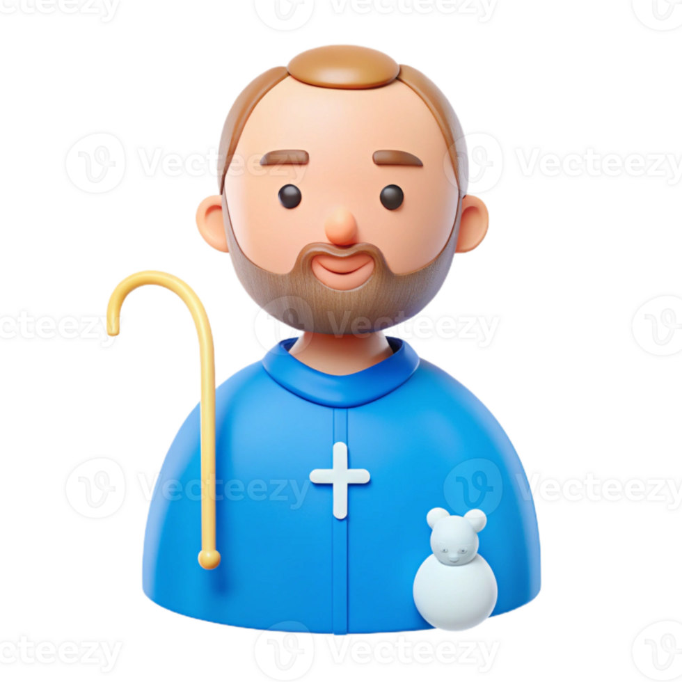 3D Cartoon Character of a Man in Blue Robe with a Staff and a Stuffed Animal png