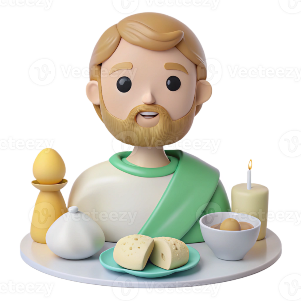 3D Illustration of a Man Celebrating with a Candle, Bread, and a Bowl png