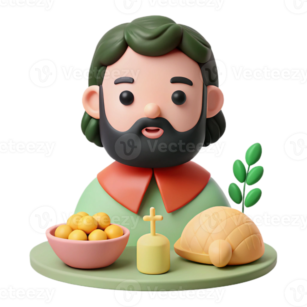 3D Character with a Beard and Cross Sitting at a Table with Food png