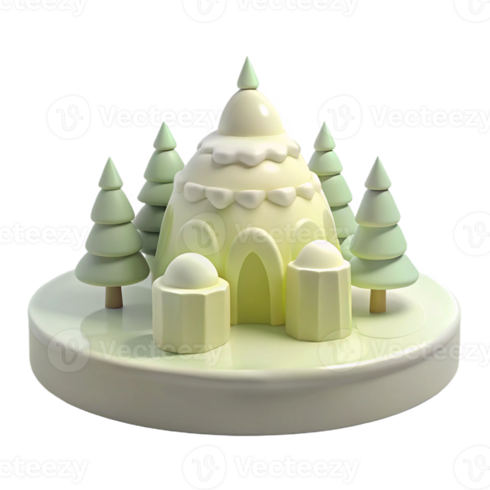 Cute 3D Winter Scene with Igloo and Pine Trees png