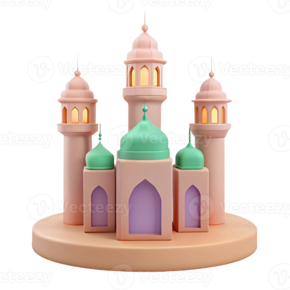 3D Render of a Mosque with Green Domes and Pink Walls png