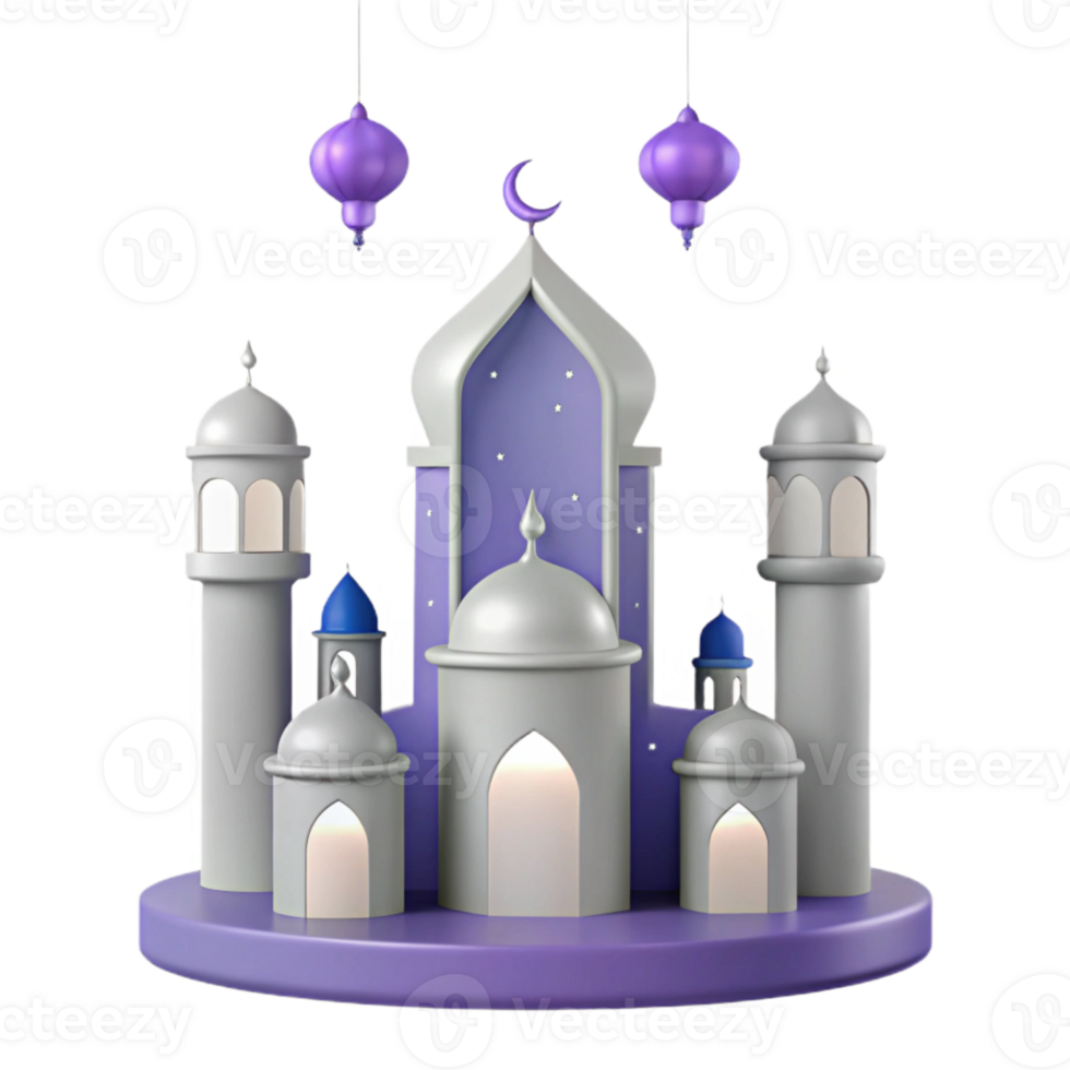 3D Illustration of a Mosque with Lanterns and Stars png