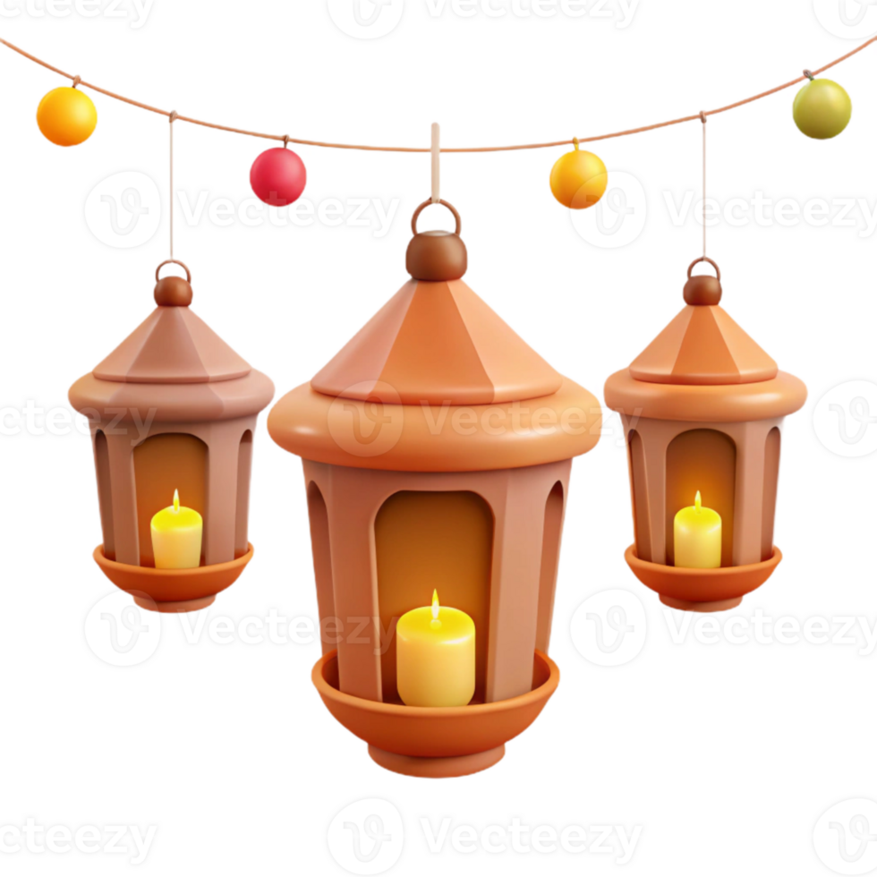 Three Lit Lanterns with Hanging Ornaments png