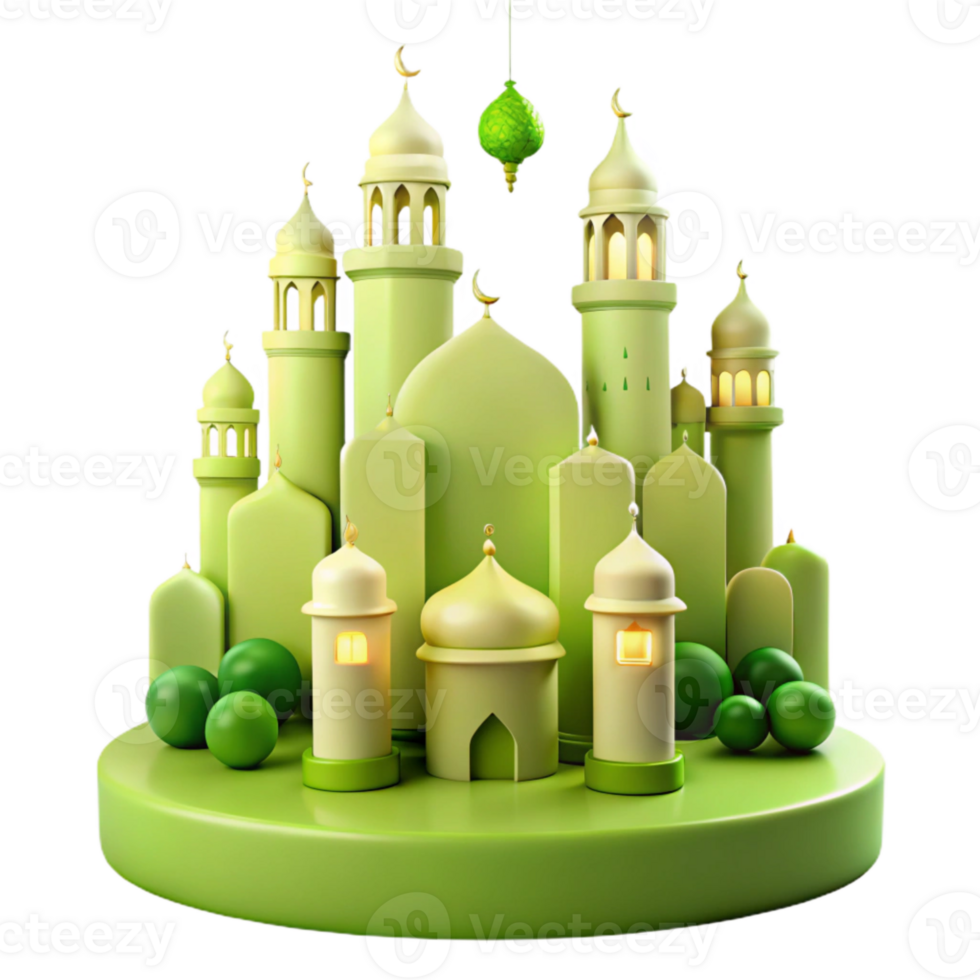 3D Rendered Islamic Architecture with Green Domes and Lanterns png