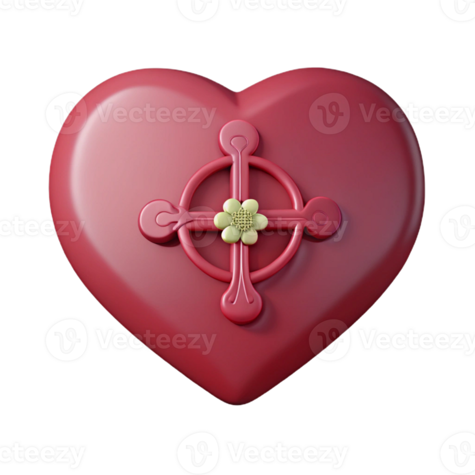 3D Render of a Red Heart with a Golden Celtic Cross and Flower png