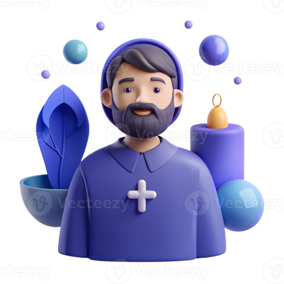3D Rendered Illustration of a Man with a Beard, Wearing a Blue Robe, with a Cross on His Chest png