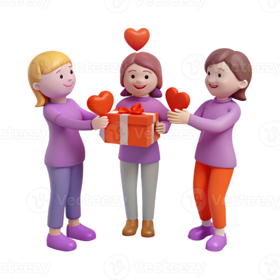 Three Cartoon Characters Celebrating with a Gift and Hearts png