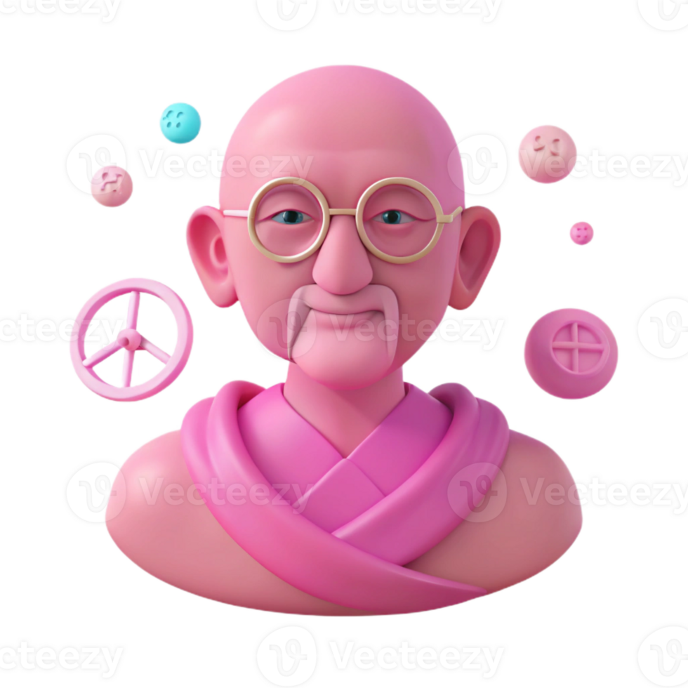 Smiling Monk with Peace Symbol and Colorful Orbs png