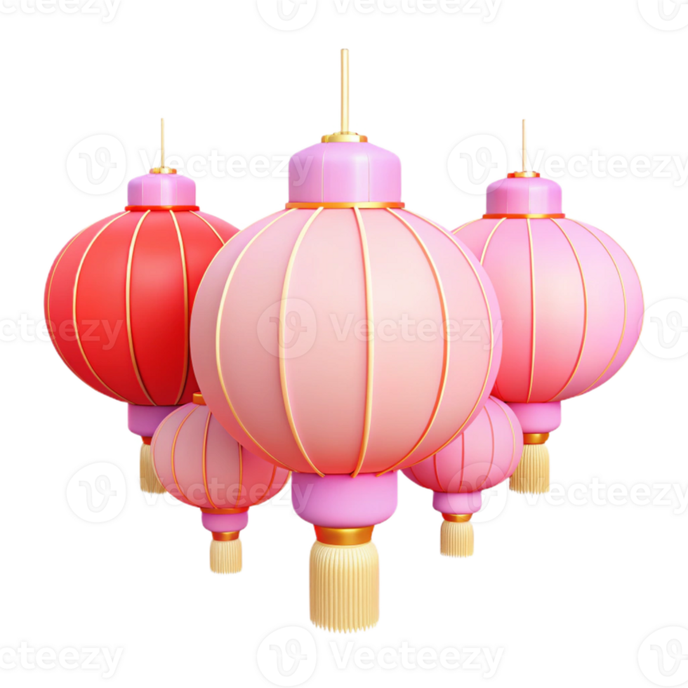 Group of Pink and Red Lanterns with Gold Trim png