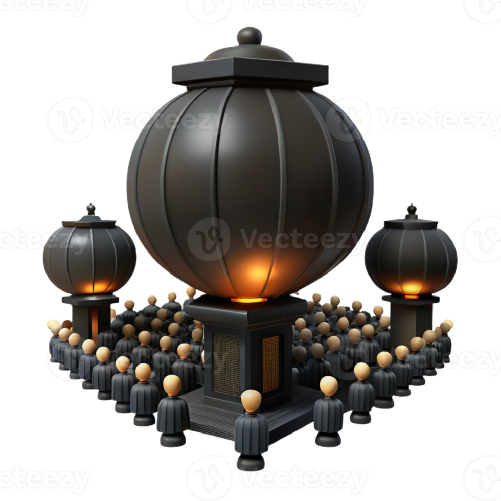 3D Rendered Scene of People Surrounding a Large Black Dome with Smaller Domes on Either Side png