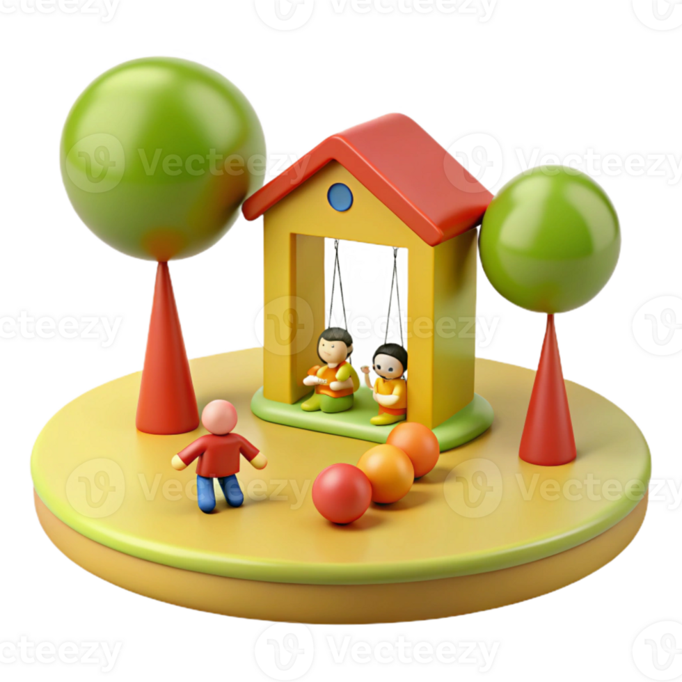 Playful Scene with Swing Set, House, and Toys png