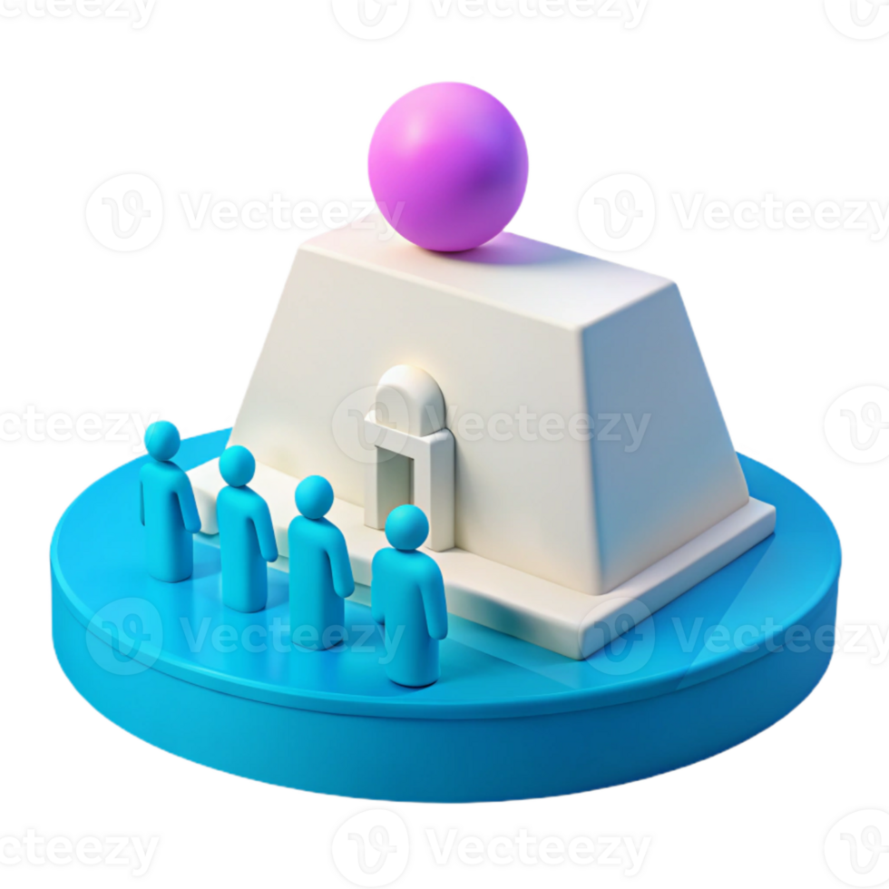 3D Illustration of People Waiting in Line for a Building with a Pink Sphere on Top png