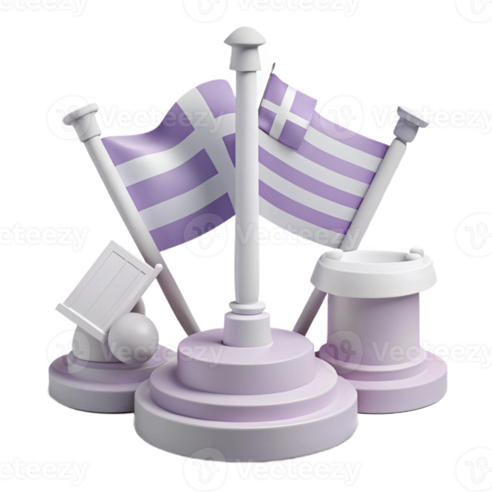 3D Render of White Flagpole with Purple and White Striped Flags on Circular Bases png