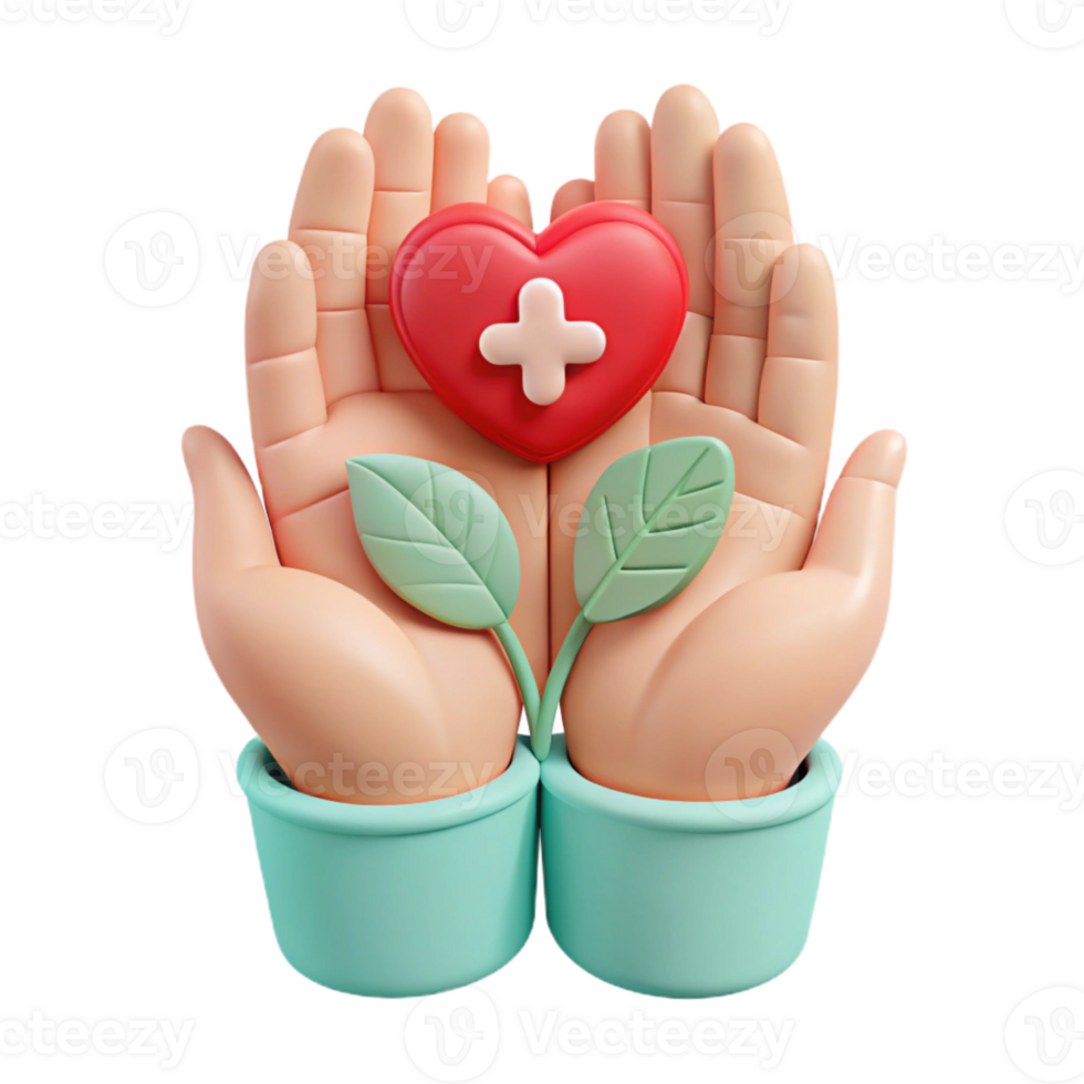 3D Render of Hands Holding a Heart with a Plus Sign and Green Leaves png