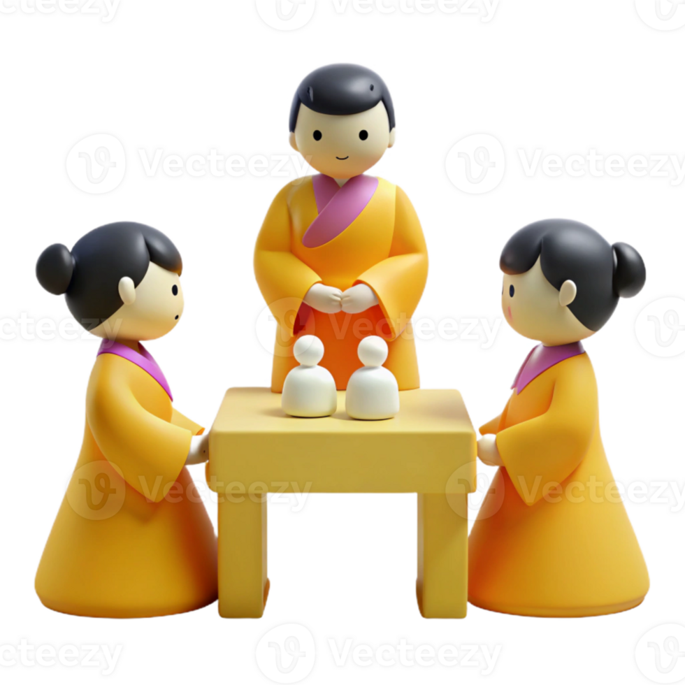 3D Cartoon Illustration of Three People in Traditional Clothing Around a Table png