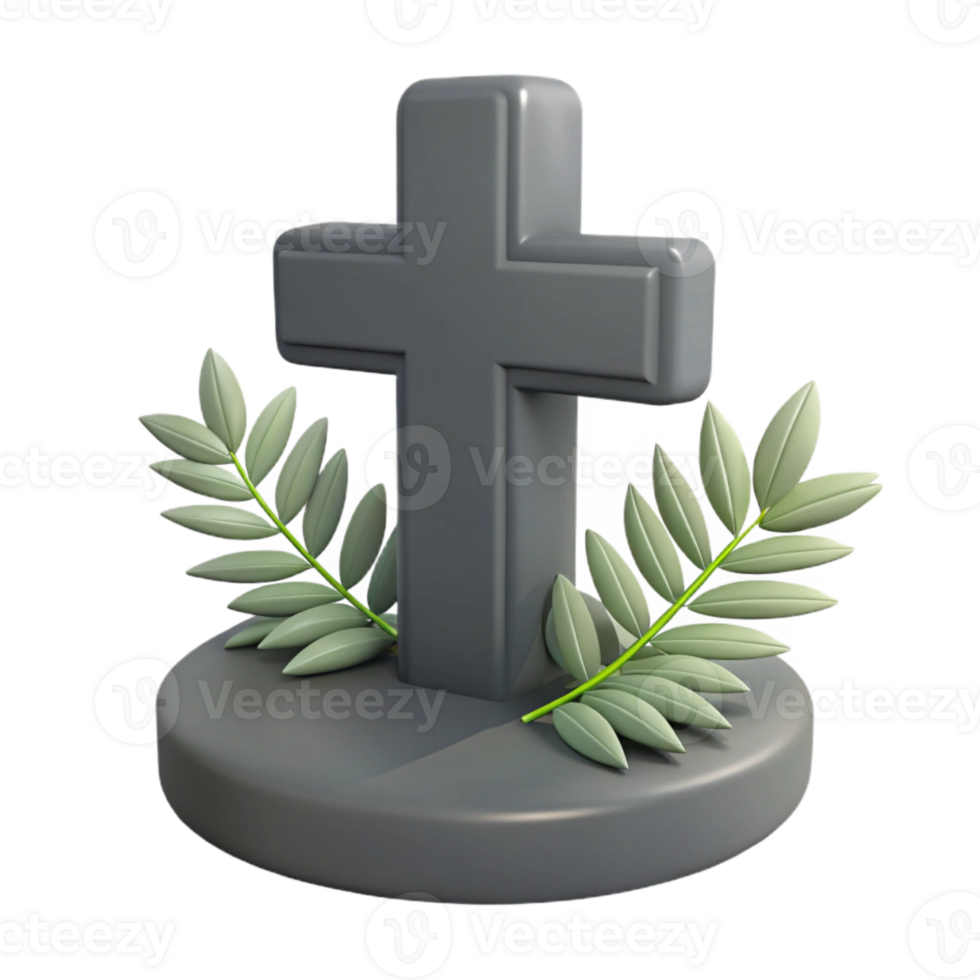 3D Render of a Stone Cross with Olive Branches png