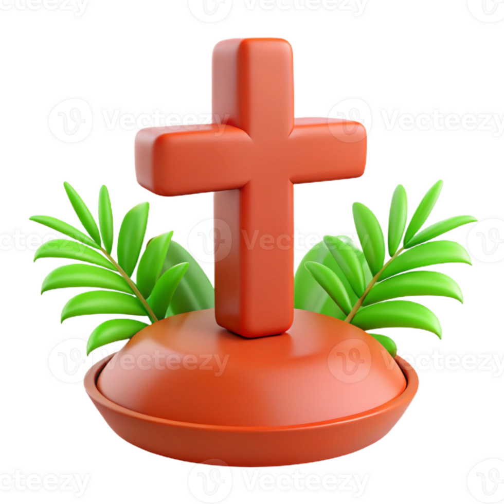 3D Render of a Cross with Palm Leaves png