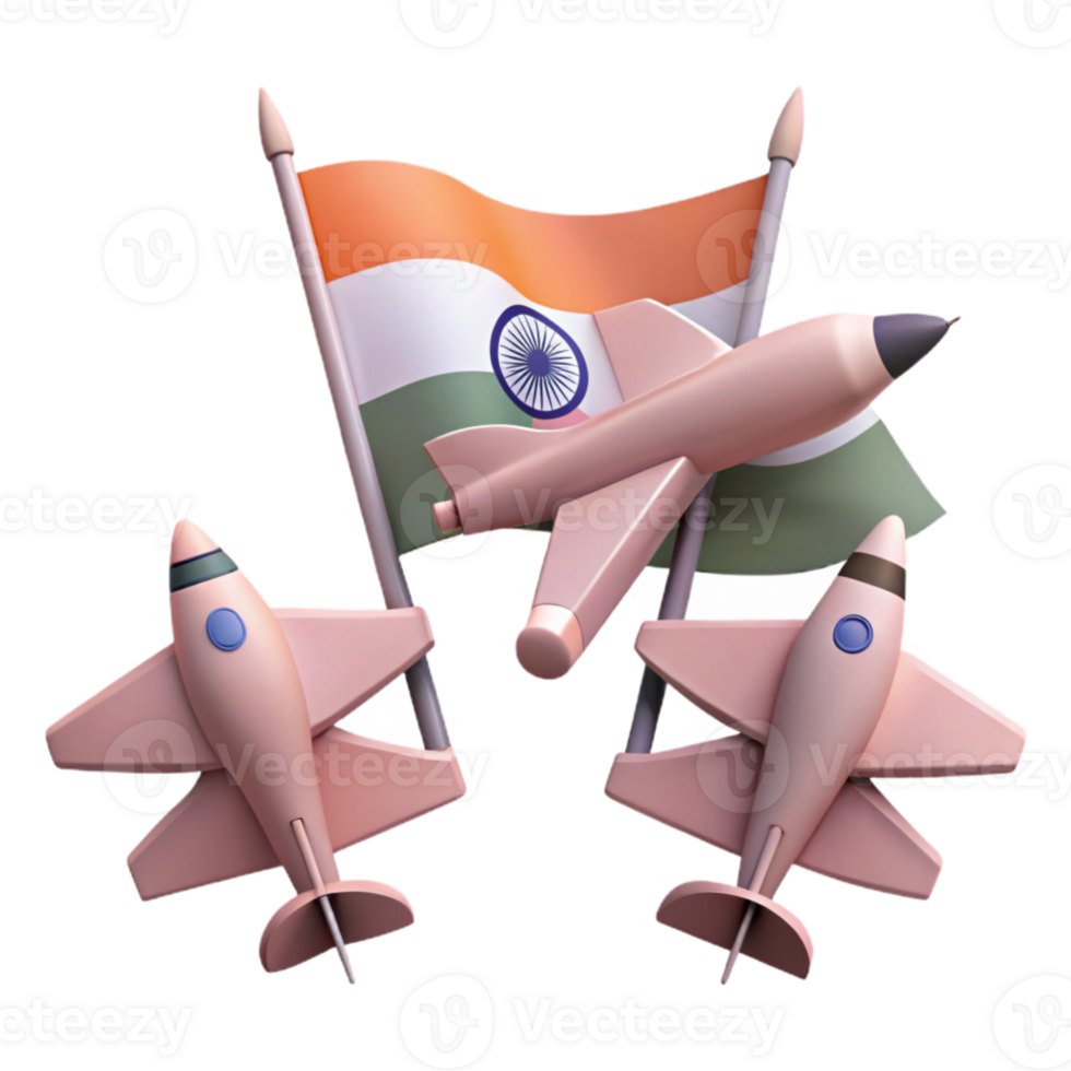 Indian Flag with Three Airplane 3D Render png