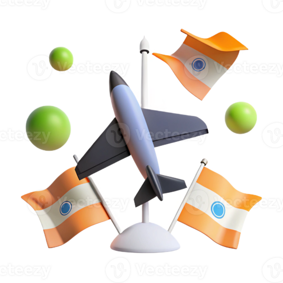 3D Render of Airplane with Flags and Spheres png