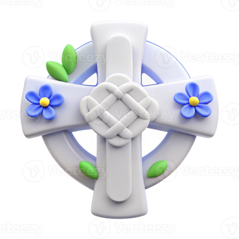 Celtic Cross with Flowers and Leaves 3D Render png