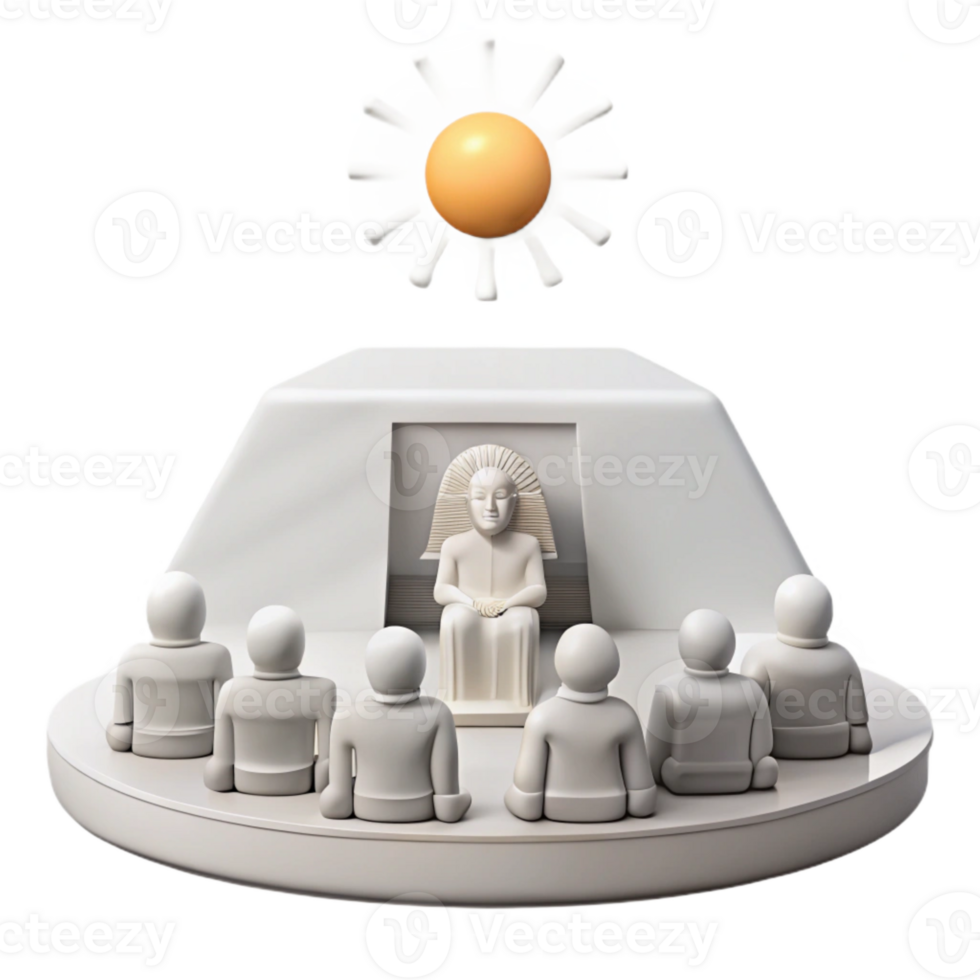 3D Illustration of a Figurine Seated in a Pyramid, Surrounded by Others, and a Sun Above png