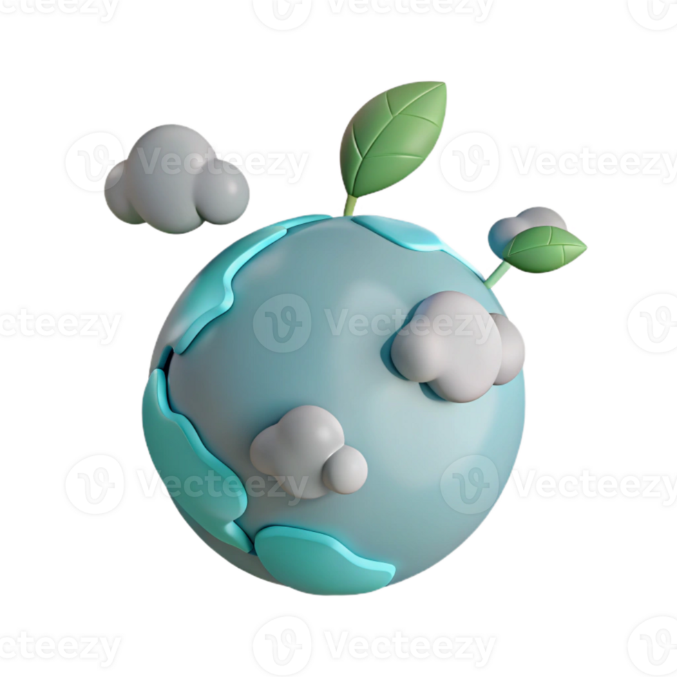 3D Cartoon Earth with Clouds and Green Leaves png