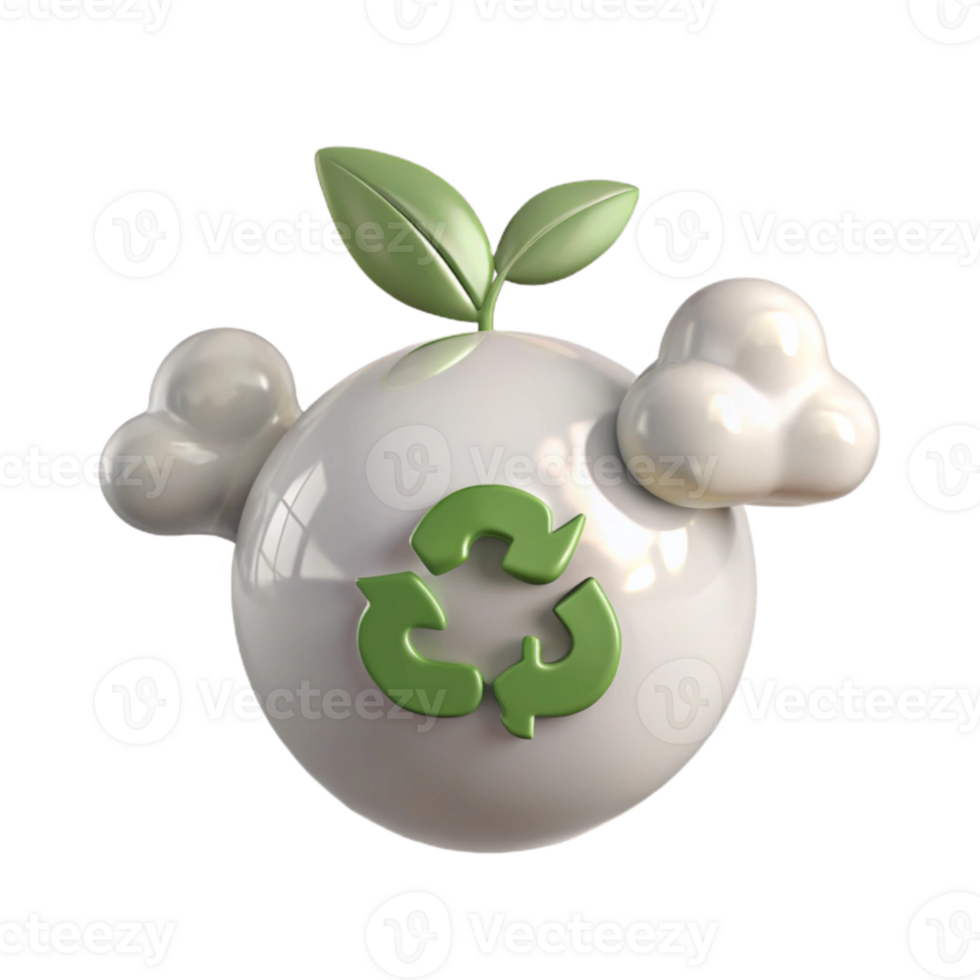 3D Illustration of a Planet with a Recycling Symbol and a Growing Plant png