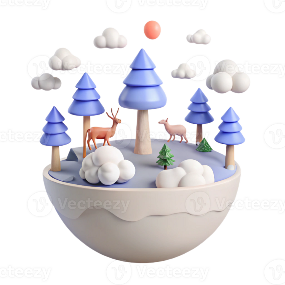 3D Rendered Miniature Forest Scene with Deer and Clouds png