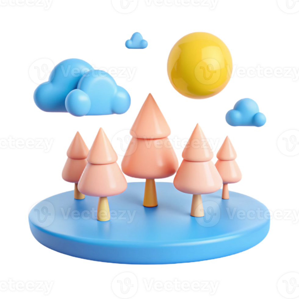 3D Rendered Cartoon Forest Scene with Trees, Clouds, and Sun png