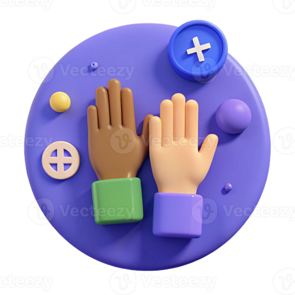 3D Illustration of Two Hands Raised in Unity with a Plus Sign png