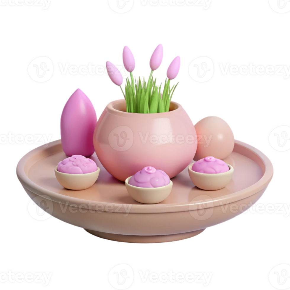 Pink Flower Pot with Three Small Pink Bowls on a Tray png