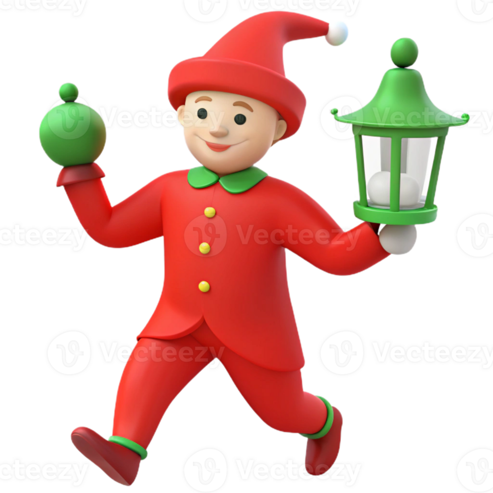 Smiling Elf Running with Lantern and Ornament png