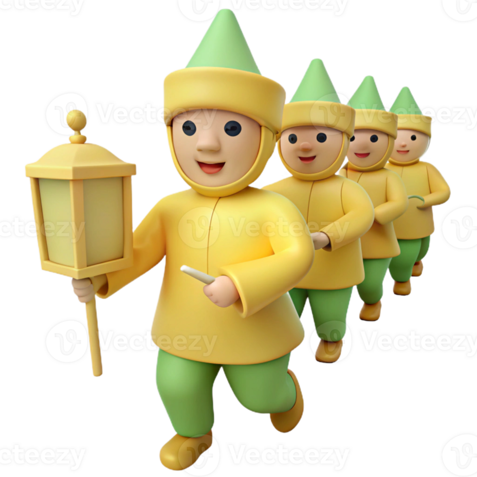 3D Cartoon Characters Holding Lanterns in a Line png