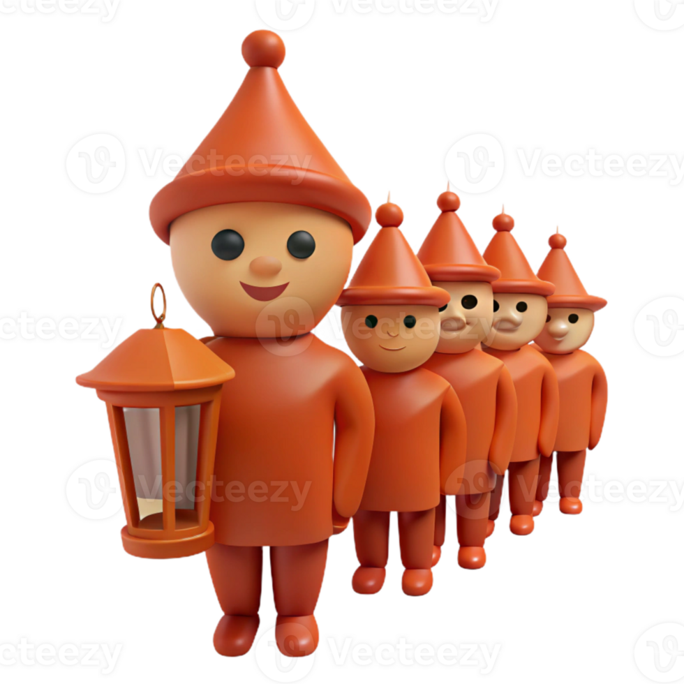 Smiling Cartoon Characters with Lanterns in a Line png