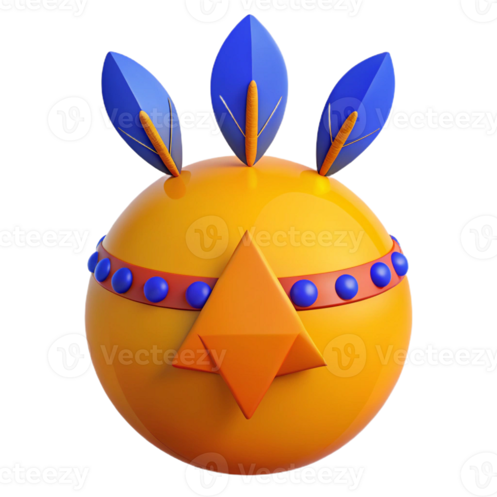 3D Render of a Yellow Sphere with Blue Feathers and a Triangle Nose png