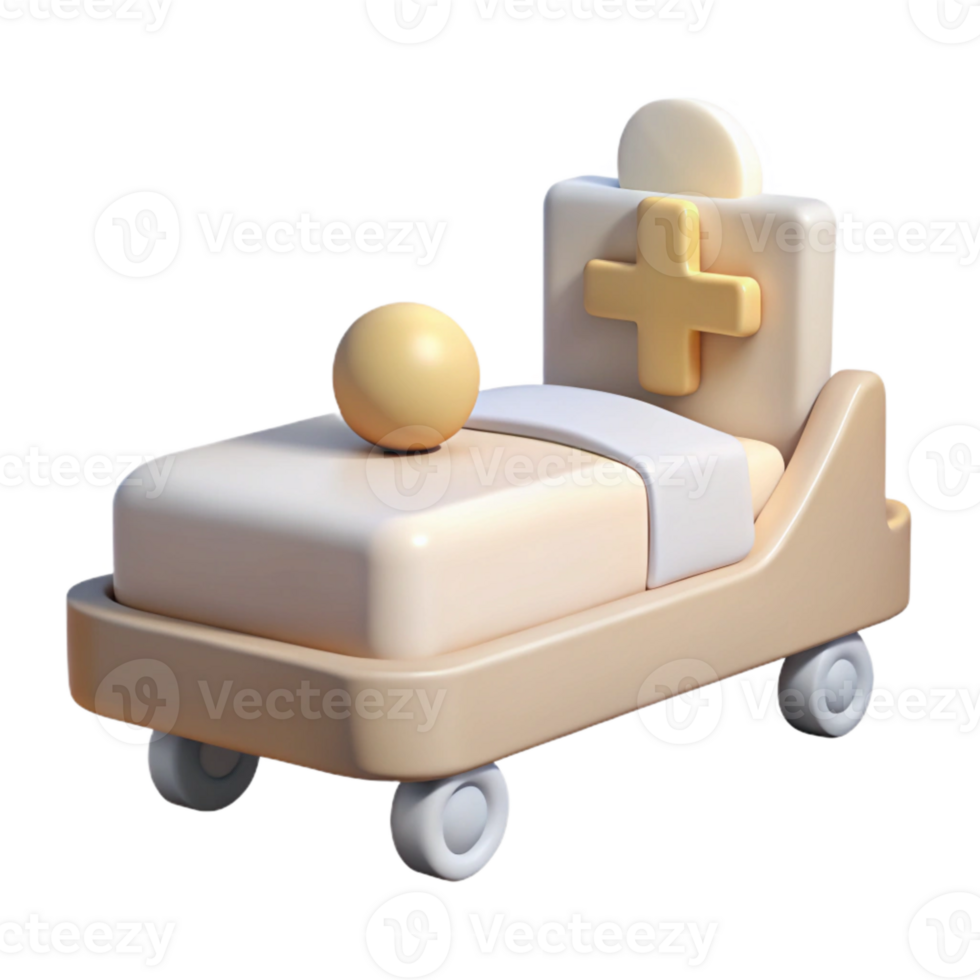 3D Medical Bed Icon with Wheels and Plus Sign png