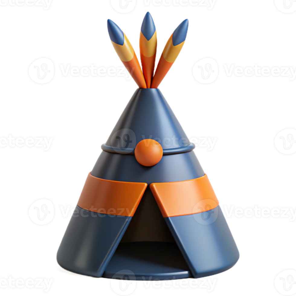 3D Render of a Blue and Orange Teepee with Feathers png