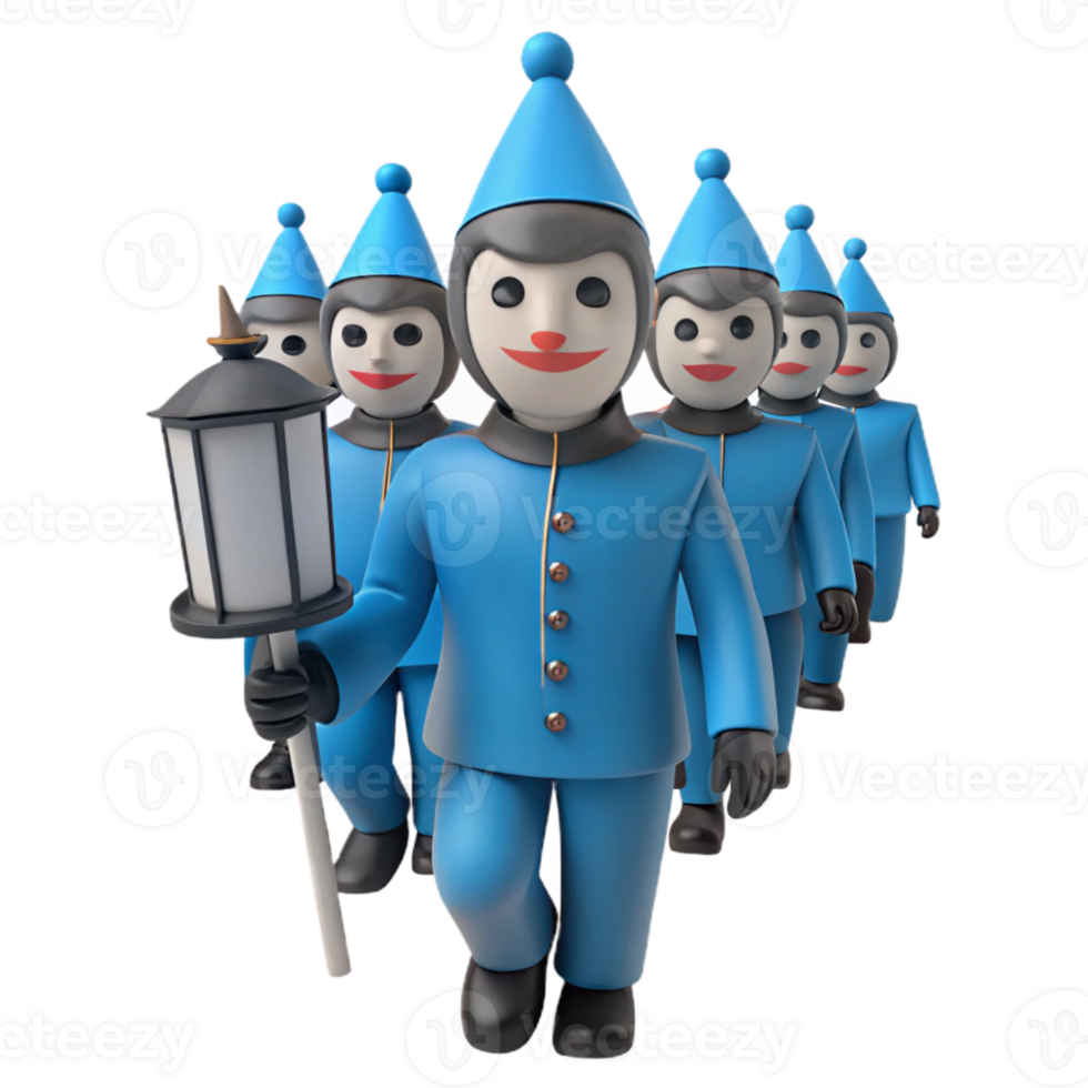 3D Cartoon Characters in Blue Uniforms Marching with a Lantern png
