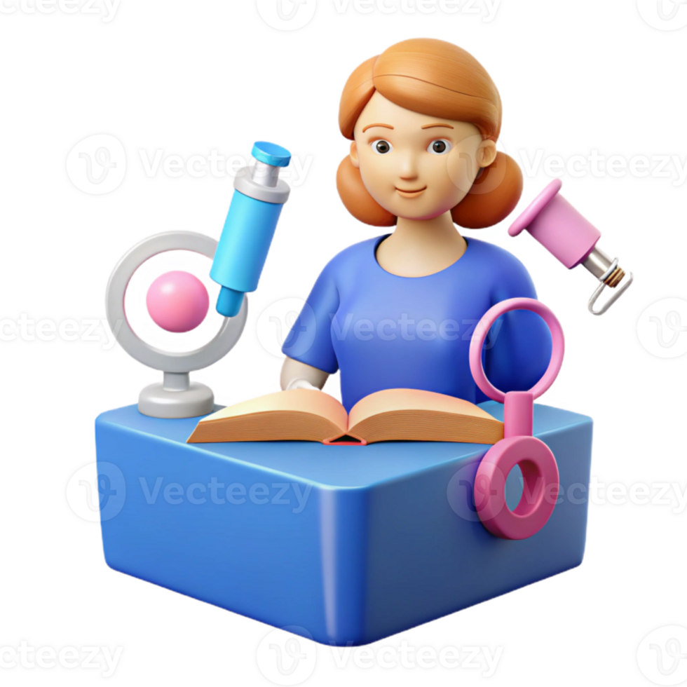 3D Cartoon Woman Student Studying with Microscope, Book, and Magnifying Glass png