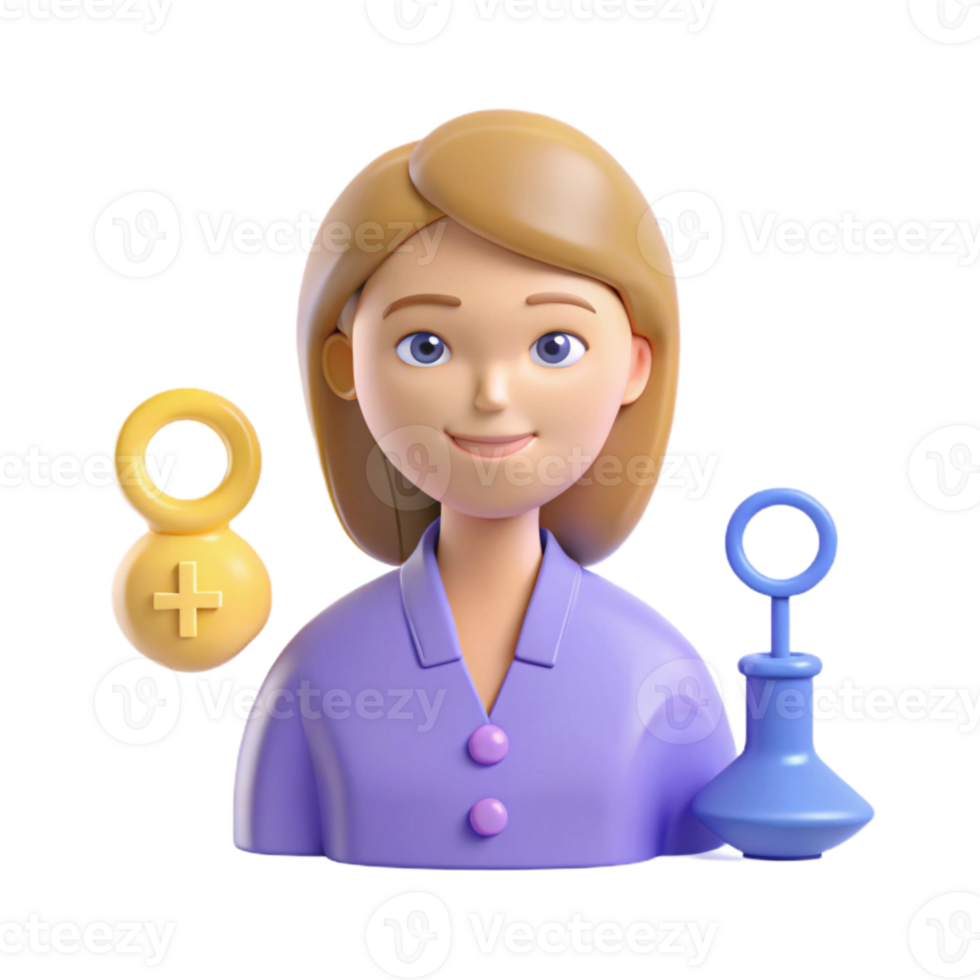 3D Cartoon Character Smiling Woman with Plus and Bottle Icon png