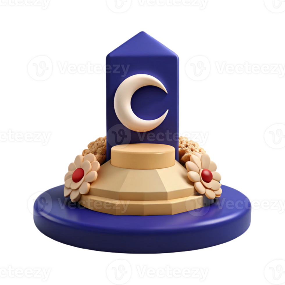 3D Render of a Crescent Moon on a Pedestal with Flowers png